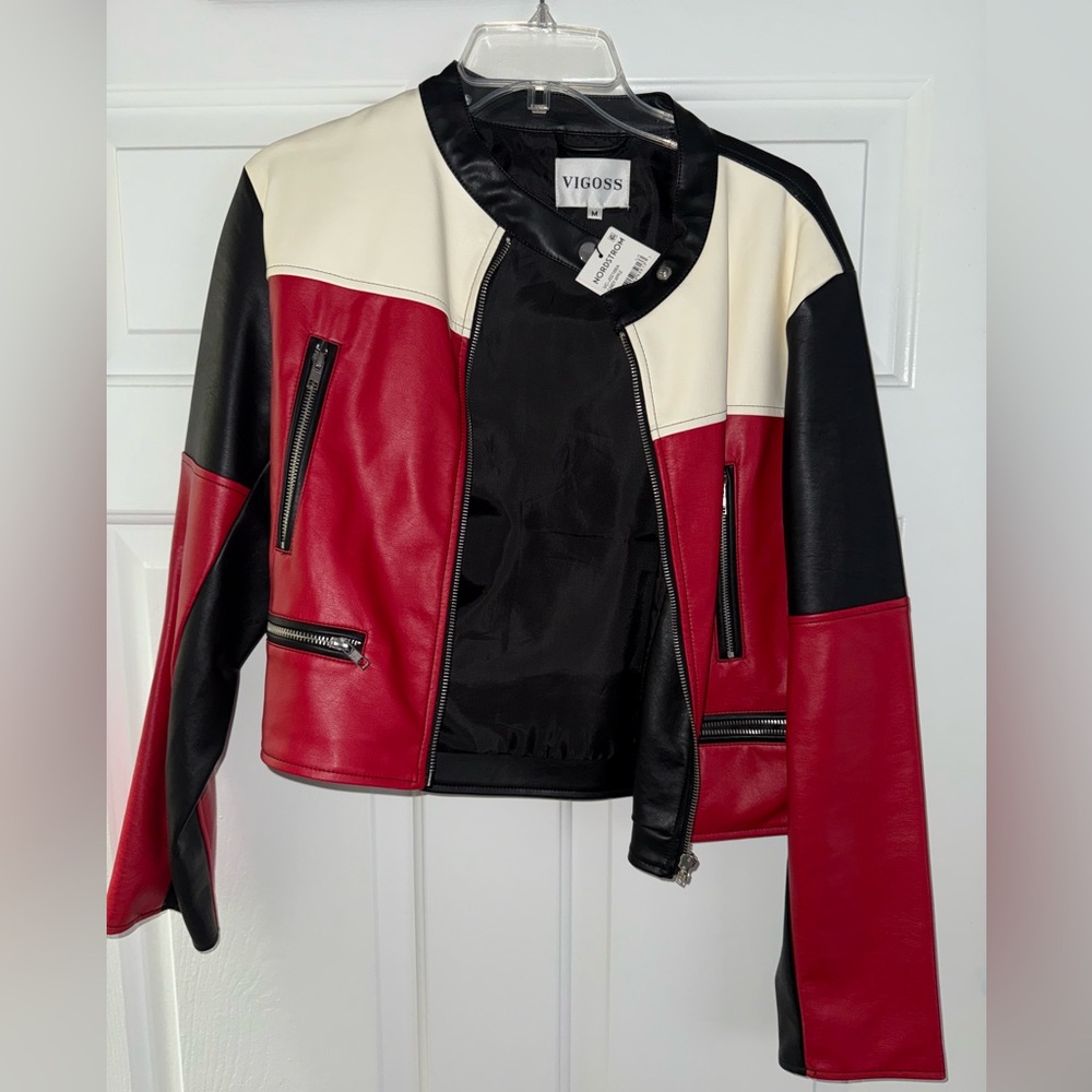 Vigoss Women's Red, Black, and White Leather Jacket